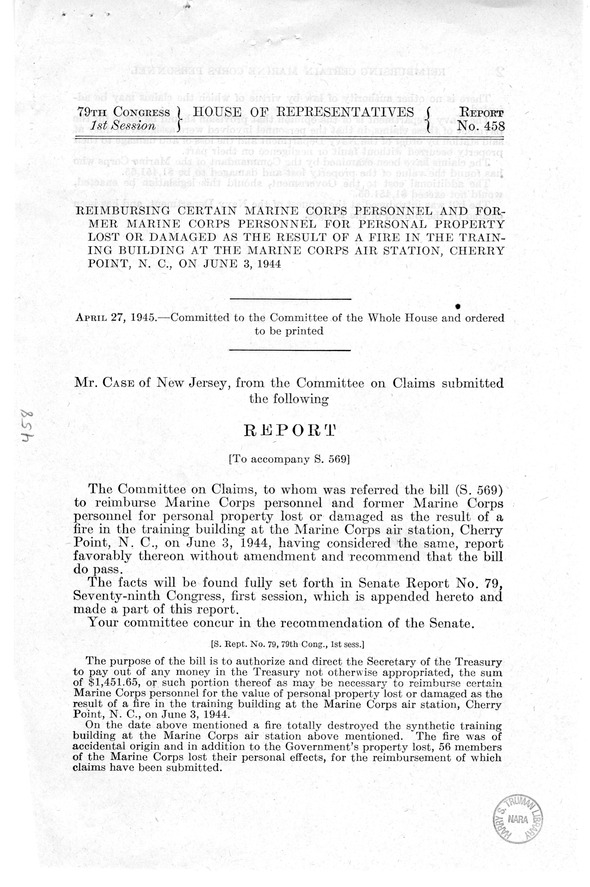 Memorandum from Frederick J. Bailey to M. C. Latta, S. 569, Personal Property Lost or Damaged as a Result of a Fire in the Training Building at the Marine Corps Air Station, Cherry Point, North Carolina, on June 3, 1944, with Attachments