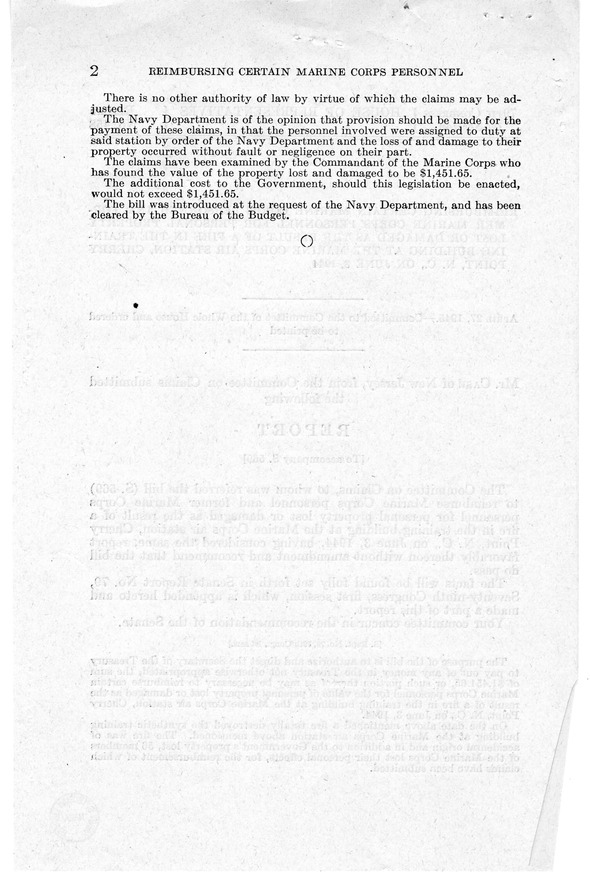 Memorandum from Frederick J. Bailey to M. C. Latta, S. 569, Personal Property Lost or Damaged as a Result of a Fire in the Training Building at the Marine Corps Air Station, Cherry Point, North Carolina, on June 3, 1944, with Attachments
