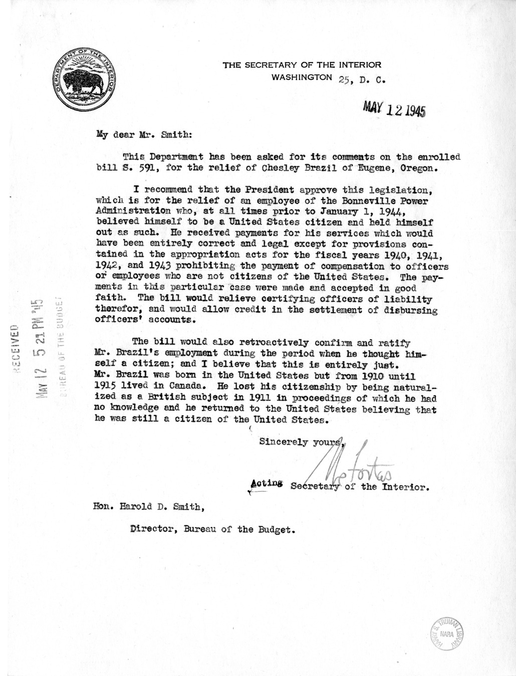 Memorandum from Frederick J. Bailey to M. C. Latta, S. 591, For the Relief of Chesley Brazil, with Attachments