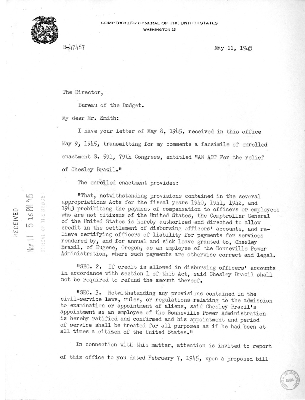 Memorandum from Frederick J. Bailey to M. C. Latta, S. 591, For the Relief of Chesley Brazil, with Attachments