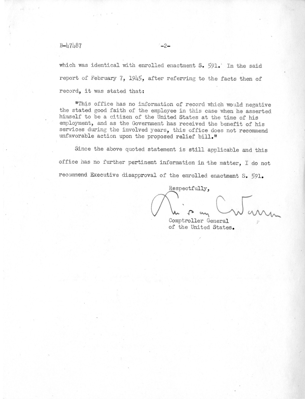 Memorandum from Frederick J. Bailey to M. C. Latta, S. 591, For the Relief of Chesley Brazil, with Attachments