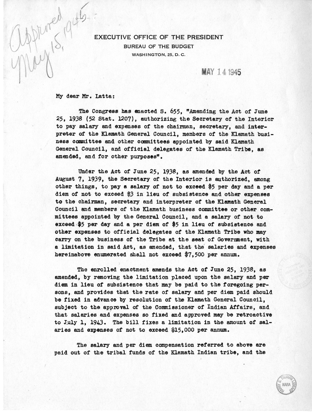 Memorandum from Frederick J. Bailey to M. C. Latta, S. 655, Amending the Act of June 25, 1938 (52 Stat. 1207) Authorizing the Secretary of the Interior to Pay Salary and Expenses of the Chairman, Secretary, and Interpreter of the Klamath General Council, 