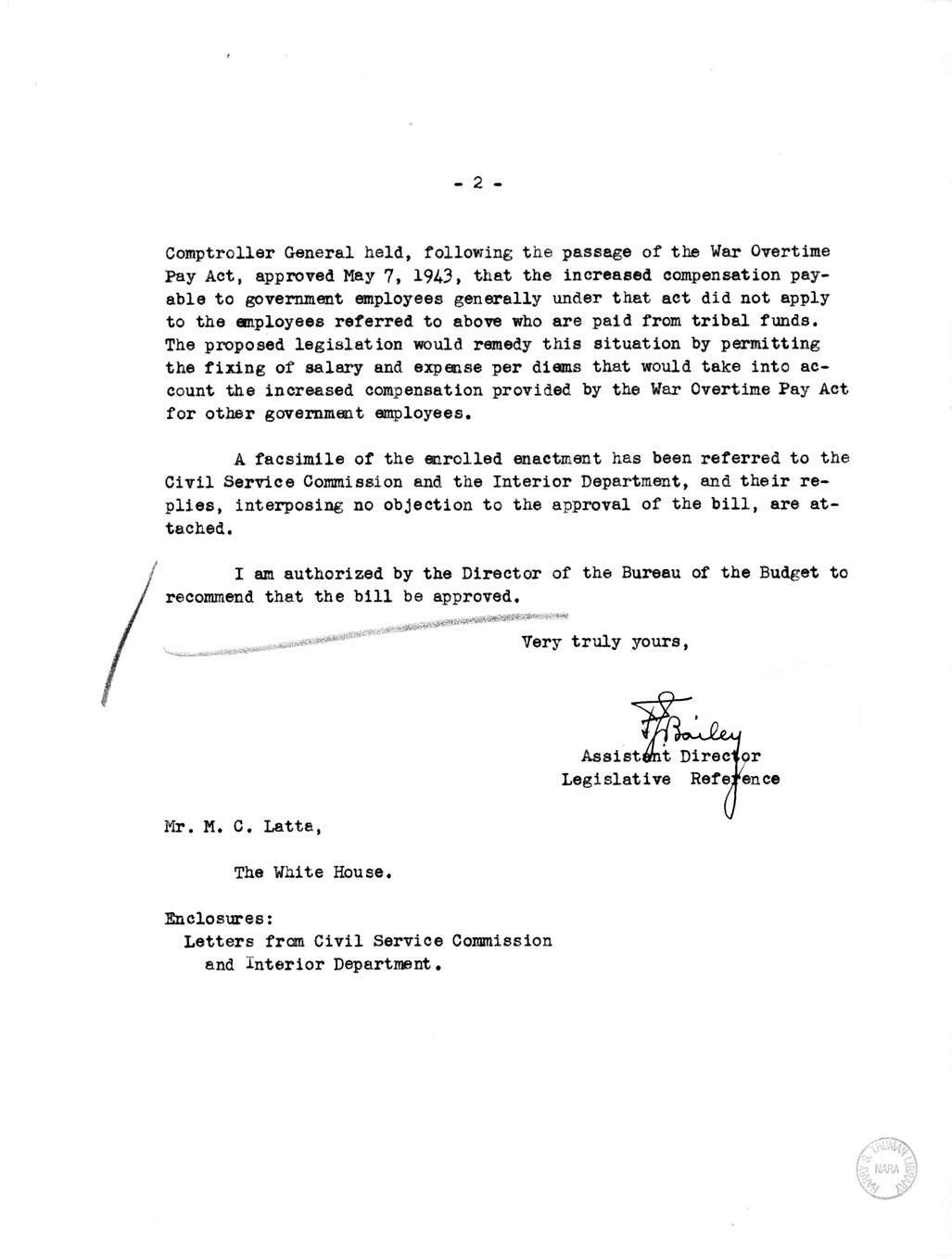 Memorandum from Frederick J. Bailey to M. C. Latta, S. 655, Amending the Act of June 25, 1938 (52 Stat. 1207) Authorizing the Secretary of the Interior to Pay Salary and Expenses of the Chairman, Secretary, and Interpreter of the Klamath General Council, 