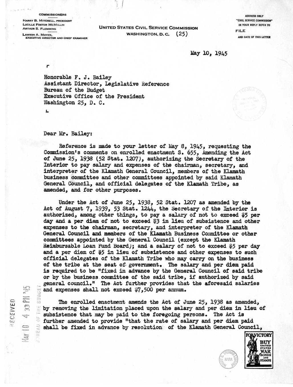 Memorandum from Frederick J. Bailey to M. C. Latta, S. 655, Amending the Act of June 25, 1938 (52 Stat. 1207) Authorizing the Secretary of the Interior to Pay Salary and Expenses of the Chairman, Secretary, and Interpreter of the Klamath General Council, 