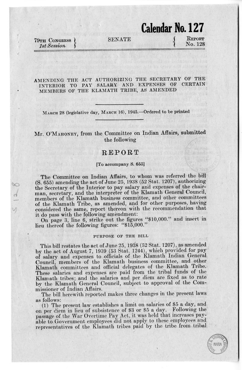 Memorandum from Frederick J. Bailey to M. C. Latta, S. 655, Amending the Act of June 25, 1938 (52 Stat. 1207) Authorizing the Secretary of the Interior to Pay Salary and Expenses of the Chairman, Secretary, and Interpreter of the Klamath General Council, 