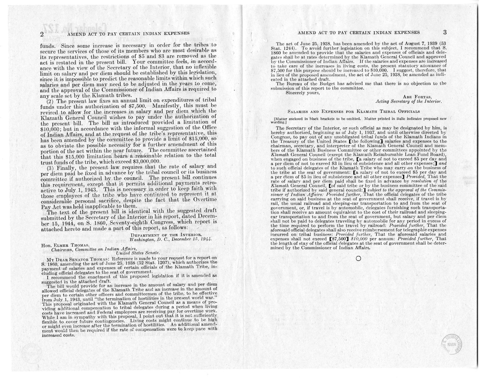 Memorandum from Frederick J. Bailey to M. C. Latta, S. 655, Amending the Act of June 25, 1938 (52 Stat. 1207) Authorizing the Secretary of the Interior to Pay Salary and Expenses of the Chairman, Secretary, and Interpreter of the Klamath General Council, 