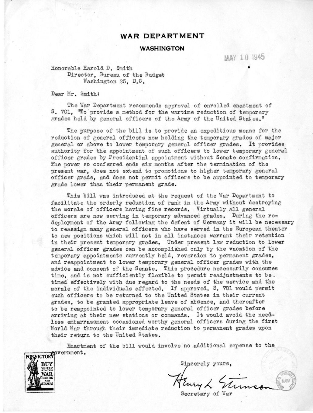 Memorandum from Harold D. Smith to M. C. Latta, S. 701, To Provide a Method for the Wartime Reduction of Temporary Grades Held by General Officers of the Army of the United States, with Attachments