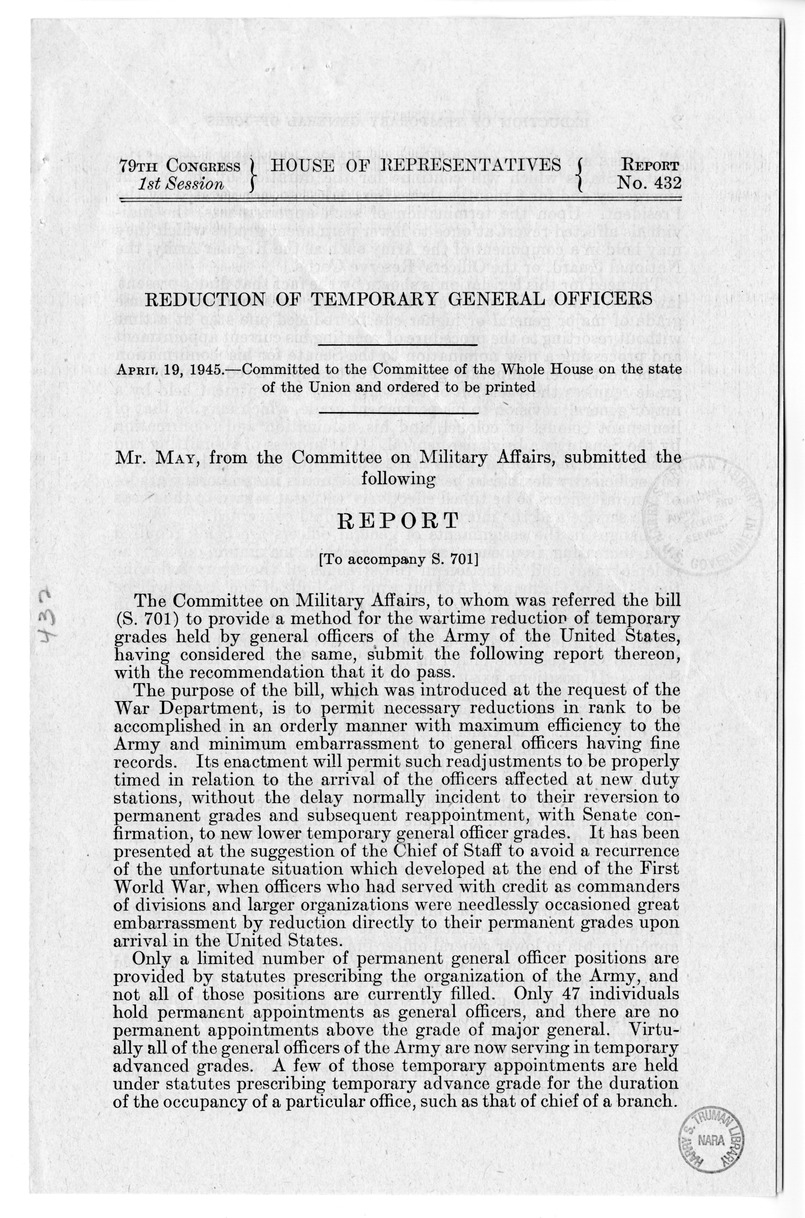 Memorandum from Harold D. Smith to M. C. Latta, S. 701, To Provide a Method for the Wartime Reduction of Temporary Grades Held by General Officers of the Army of the United States, with Attachments