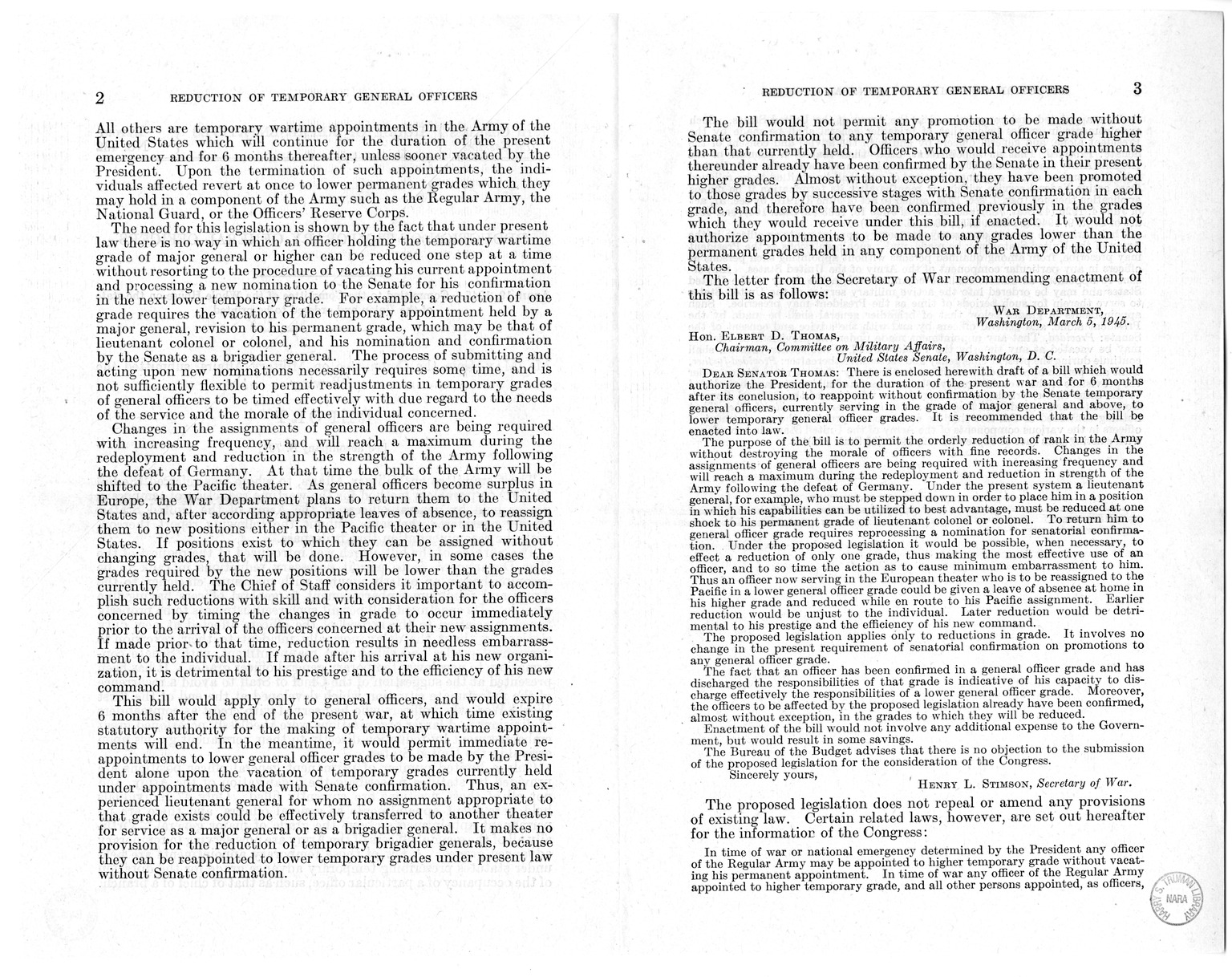 Memorandum from Harold D. Smith to M. C. Latta, S. 701, To Provide a Method for the Wartime Reduction of Temporary Grades Held by General Officers of the Army of the United States, with Attachments