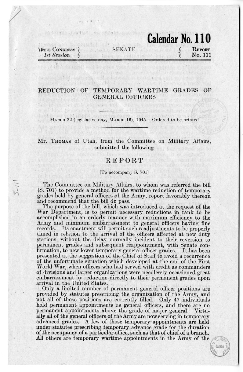 Memorandum from Harold D. Smith to M. C. Latta, S. 701, To Provide a Method for the Wartime Reduction of Temporary Grades Held by General Officers of the Army of the United States, with Attachments