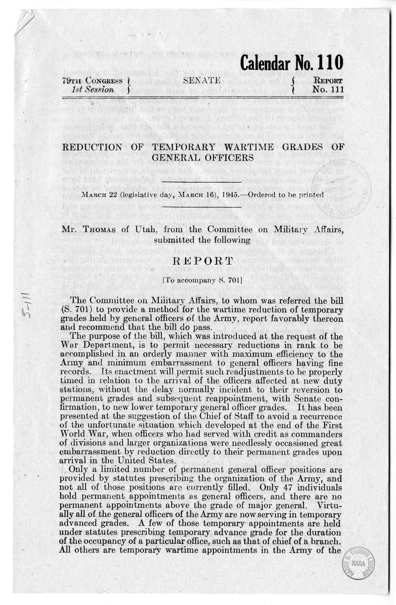 Memorandum from Harold D. Smith to M. C. Latta, S. 701, To Provide a Method for the Wartime Reduction of Temporary Grades Held by General Officers of the Army of the United States, with Attachments