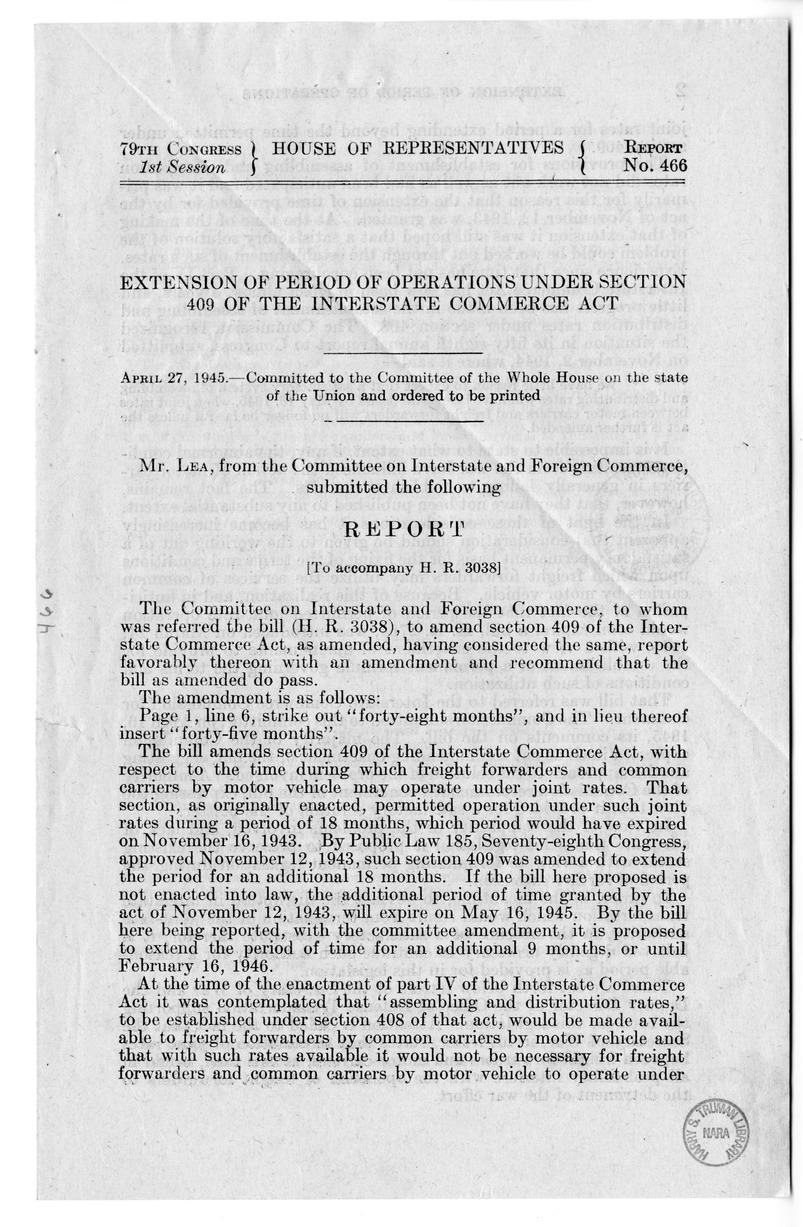 Memorandum from Harold D. Smith to M. C. Latta, H.R. 3038, To Amend Section 409 of the Interstate Commerce Act, with Attachments