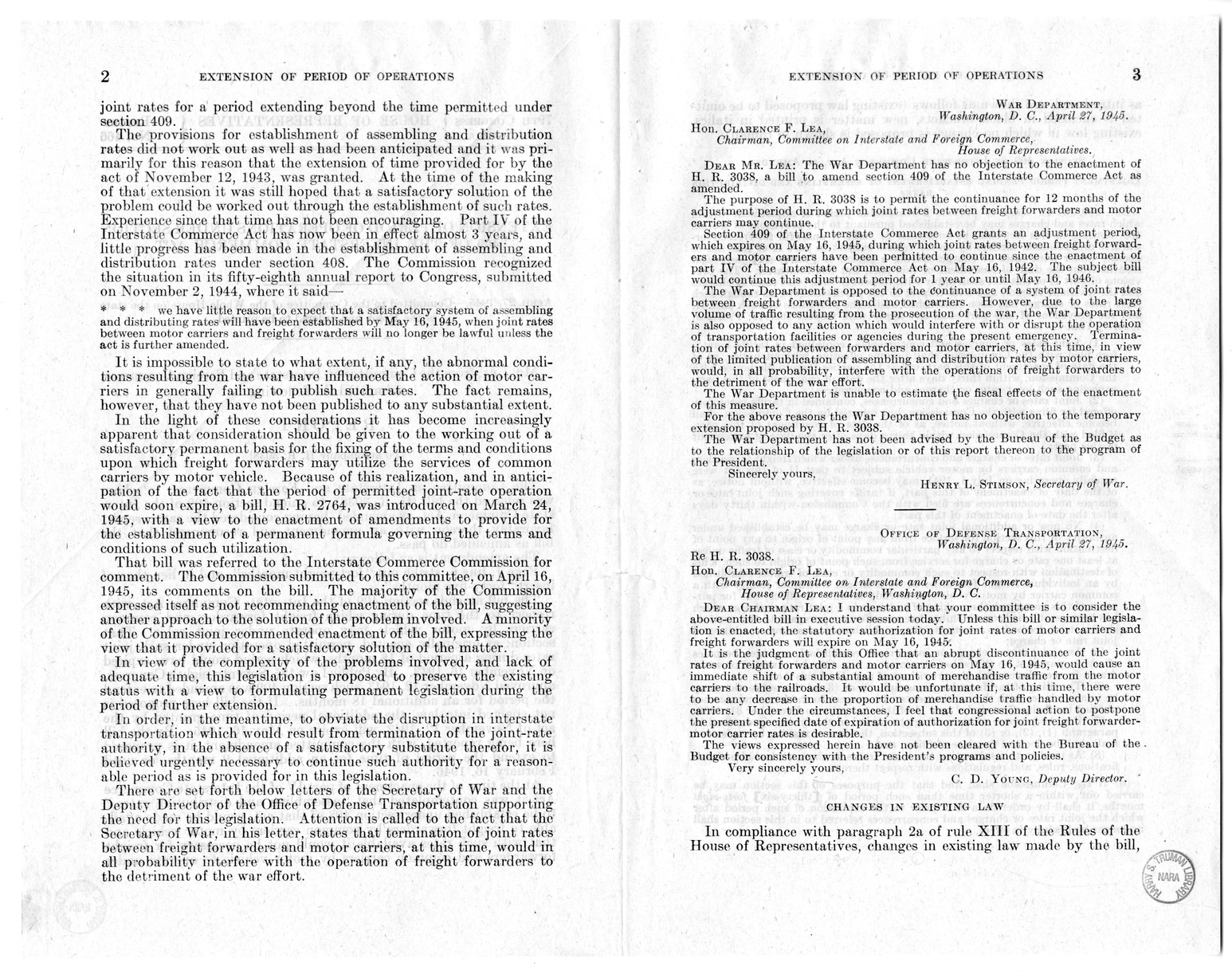 Memorandum from Harold D. Smith to M. C. Latta, H.R. 3038, To Amend Section 409 of the Interstate Commerce Act, with Attachments