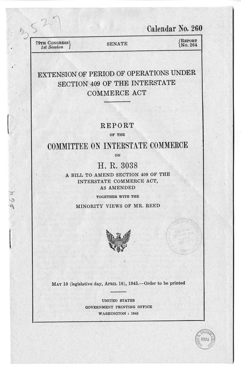 Memorandum from Harold D. Smith to M. C. Latta, H.R. 3038, To Amend Section 409 of the Interstate Commerce Act, with Attachments