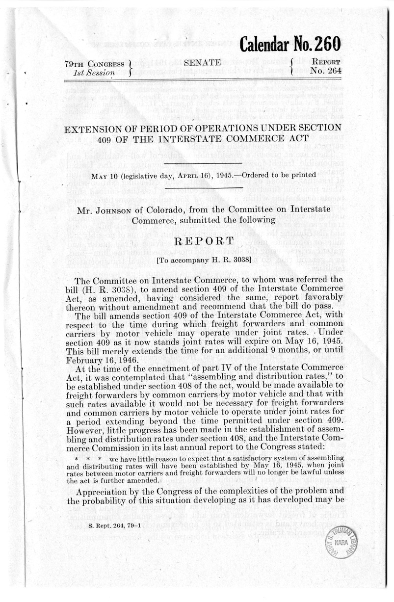 Memorandum from Harold D. Smith to M. C. Latta, H.R. 3038, To Amend Section 409 of the Interstate Commerce Act, with Attachments