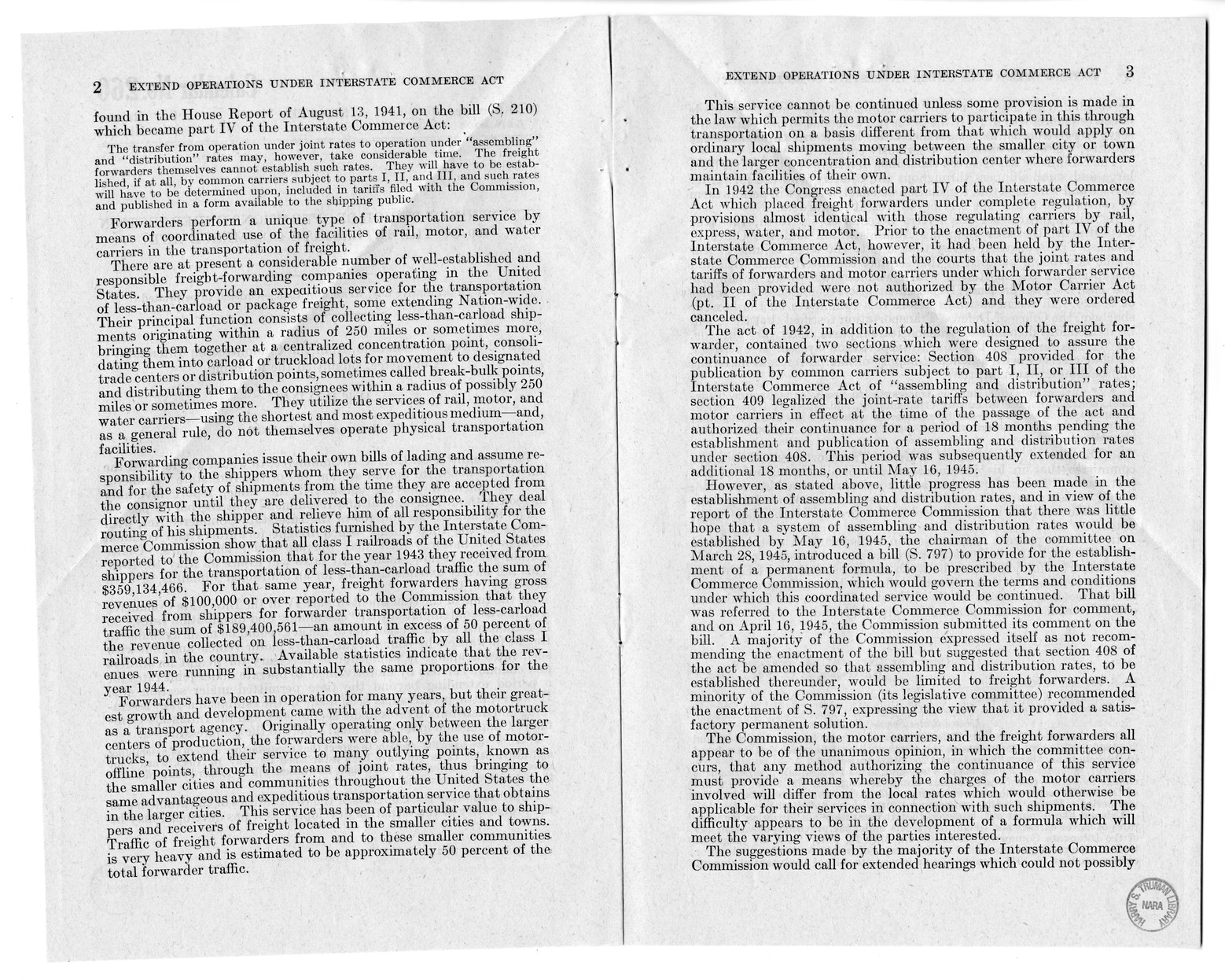 Memorandum from Harold D. Smith to M. C. Latta, H.R. 3038, To Amend Section 409 of the Interstate Commerce Act, with Attachments