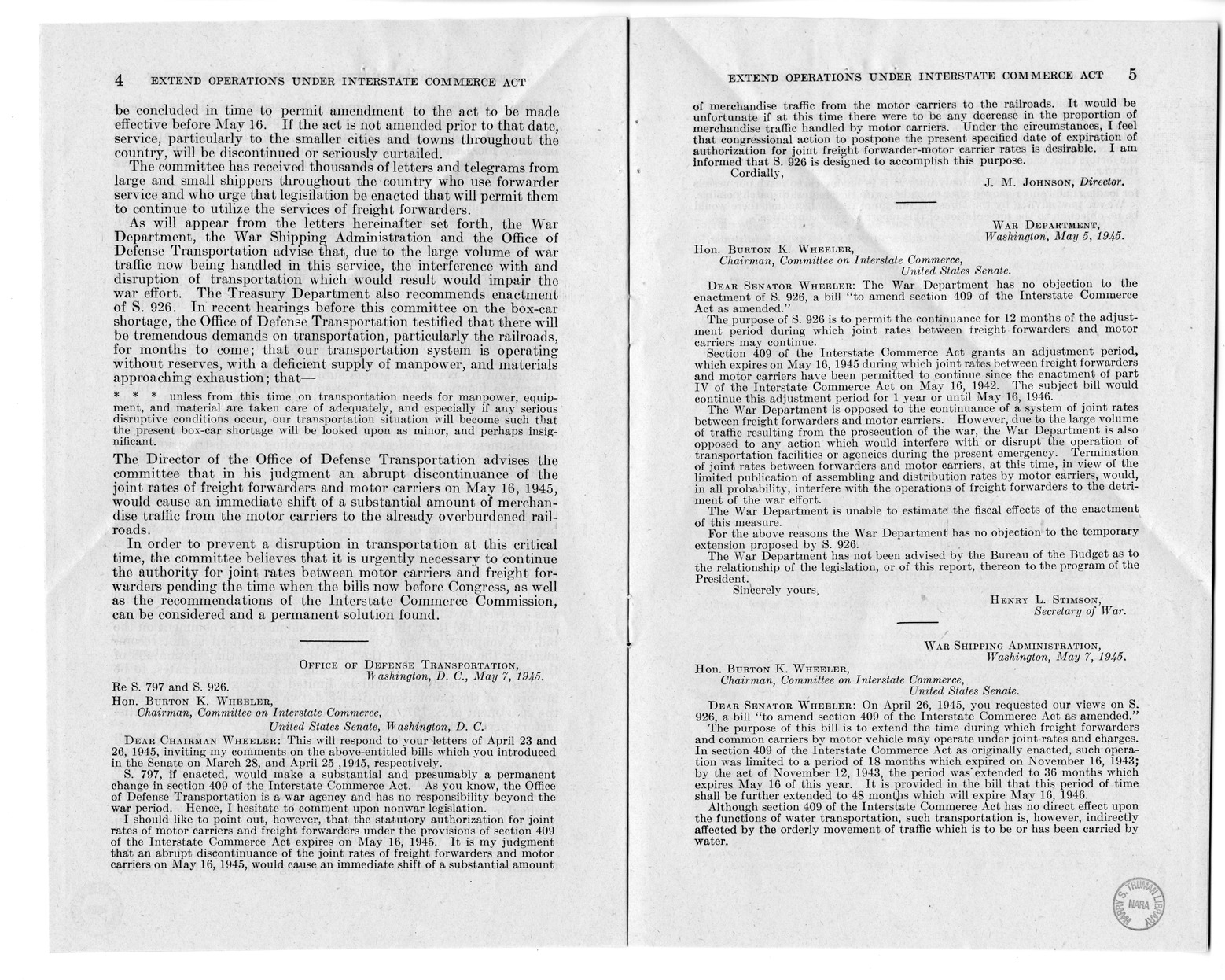 Memorandum from Harold D. Smith to M. C. Latta, H.R. 3038, To Amend Section 409 of the Interstate Commerce Act, with Attachments