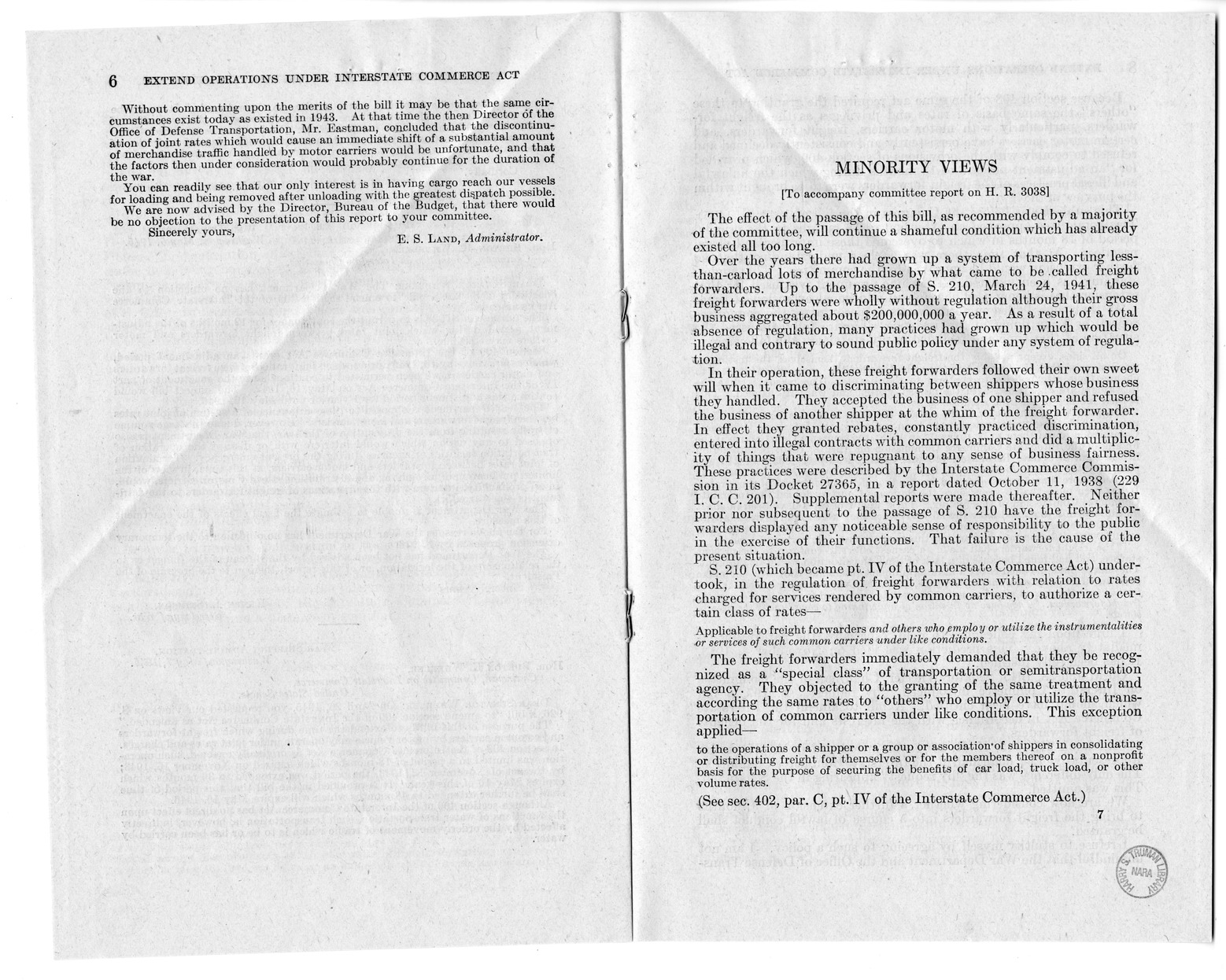 Memorandum from Harold D. Smith to M. C. Latta, H.R. 3038, To Amend Section 409 of the Interstate Commerce Act, with Attachments