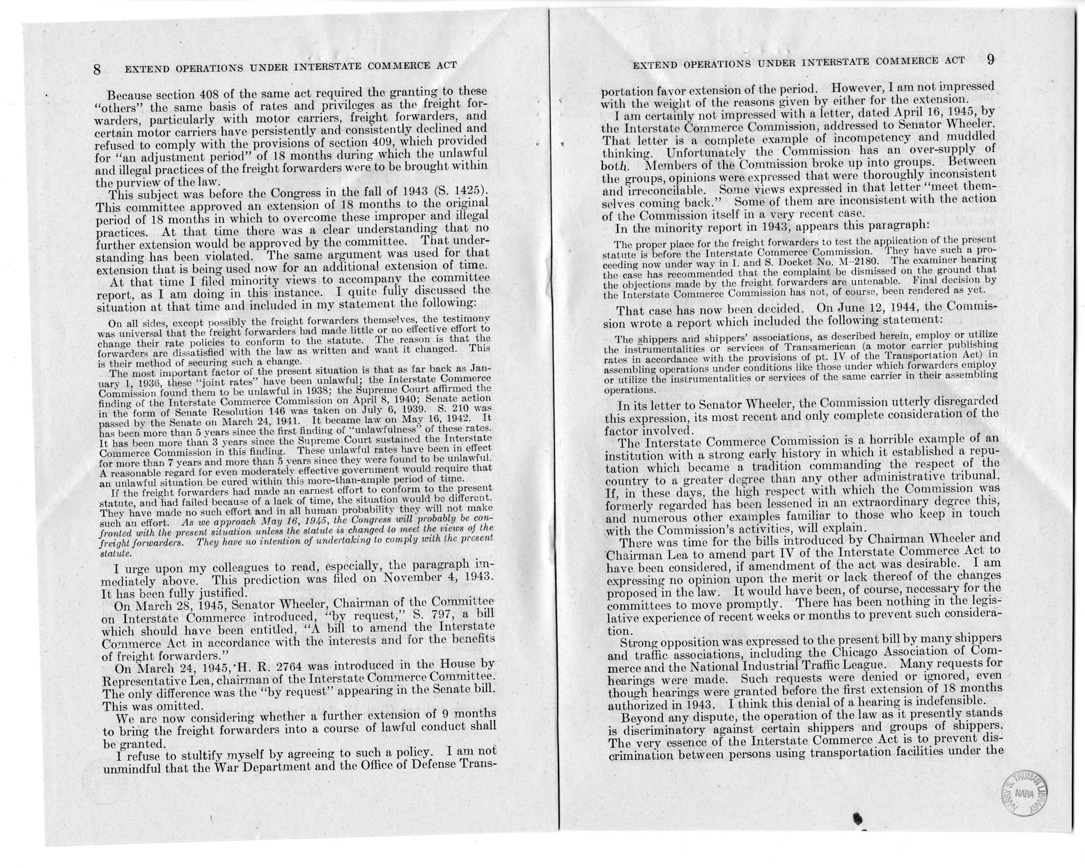 Memorandum from Harold D. Smith to M. C. Latta, H.R. 3038, To Amend Section 409 of the Interstate Commerce Act, with Attachments