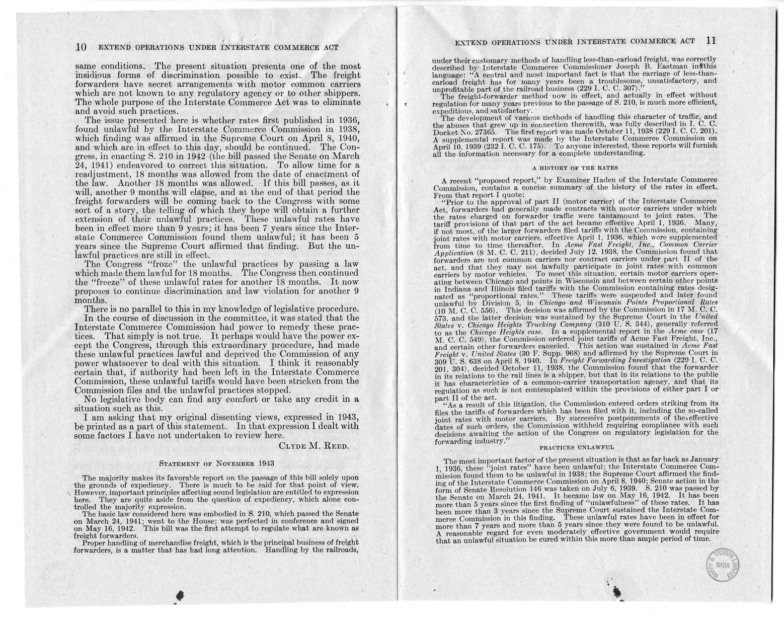 Memorandum from Harold D. Smith to M. C. Latta, H.R. 3038, To Amend Section 409 of the Interstate Commerce Act, with Attachments