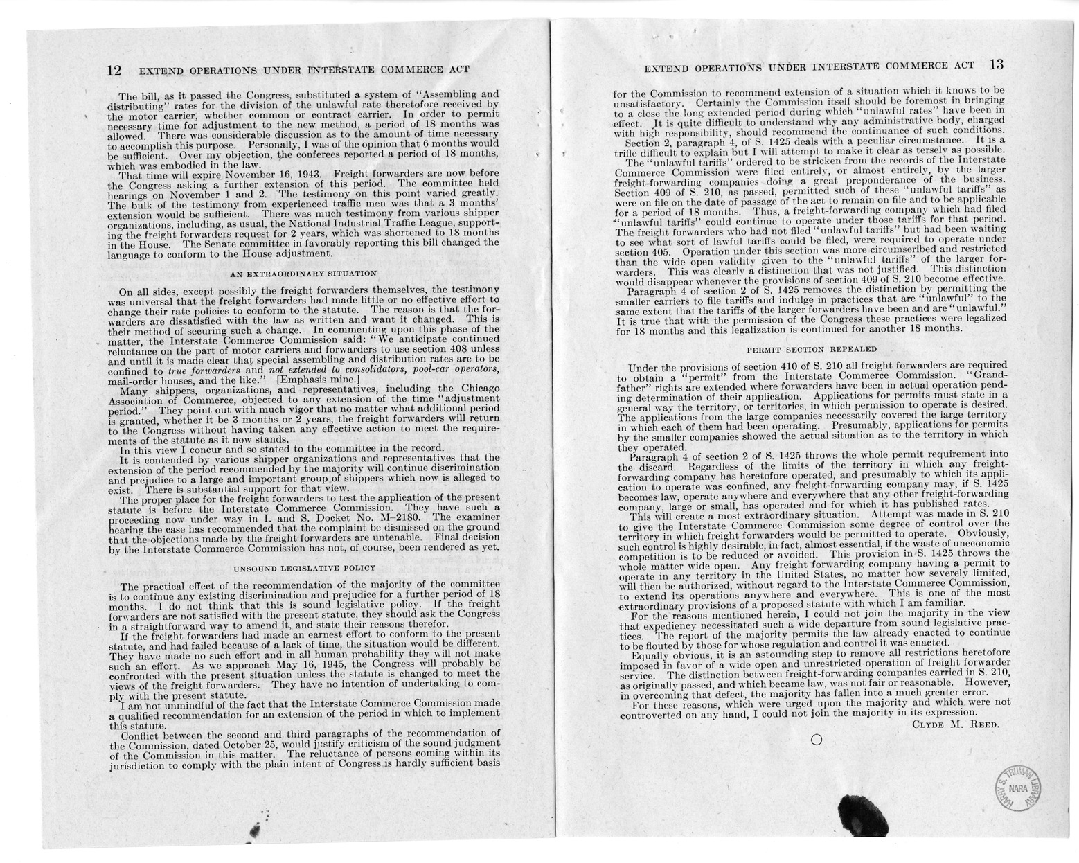 Memorandum from Harold D. Smith to M. C. Latta, H.R. 3038, To Amend Section 409 of the Interstate Commerce Act, with Attachments