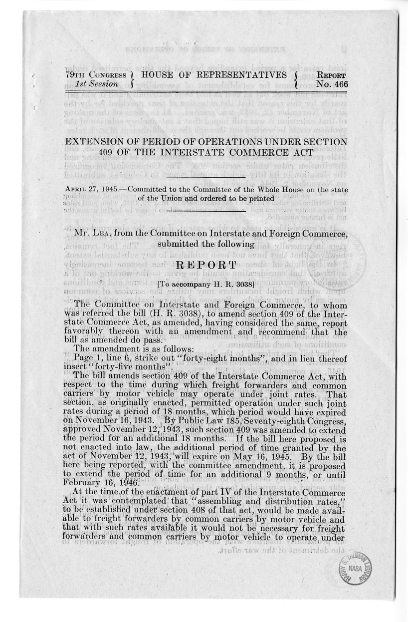 Memorandum from Harold D. Smith to M. C. Latta, H.R. 3038, To Amend Section 409 of the Interstate Commerce Act, with Attachments