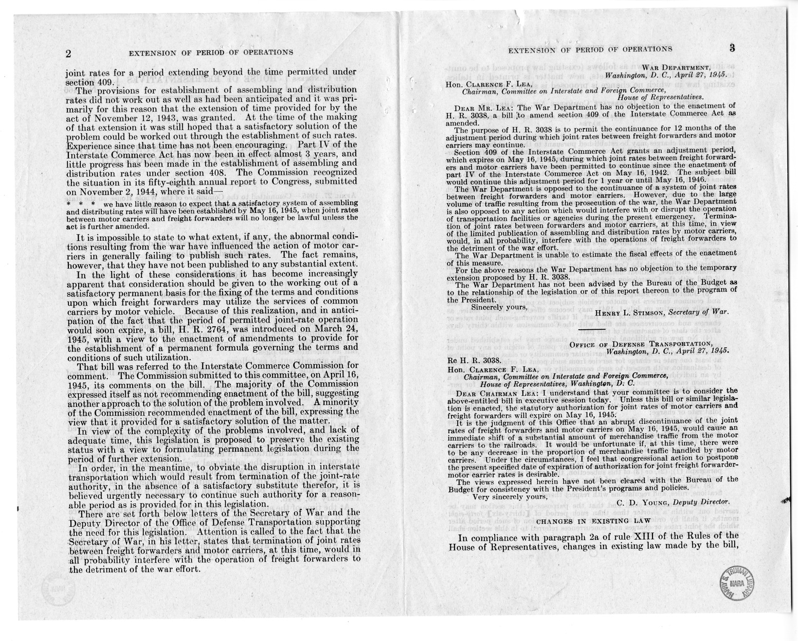 Memorandum from Harold D. Smith to M. C. Latta, H.R. 3038, To Amend Section 409 of the Interstate Commerce Act, with Attachments