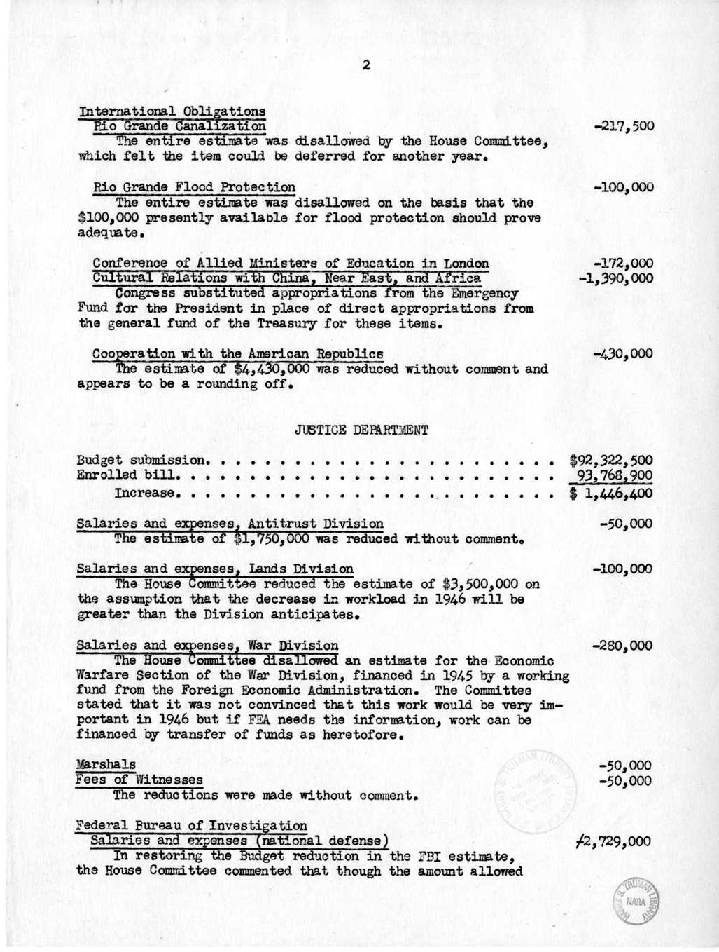 Memorandum from Frederick J. Lawton to M. C. Latta, H. R. 2603, Appropriations for the Departments of State, Justice, Commerce, the Judiciary, and the Federal Loan Agency, with Attachments