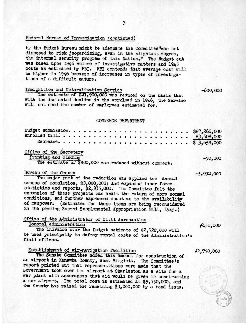 Memorandum from Frederick J. Lawton to M. C. Latta, H. R. 2603, Appropriations for the Departments of State, Justice, Commerce, the Judiciary, and the Federal Loan Agency, with Attachments