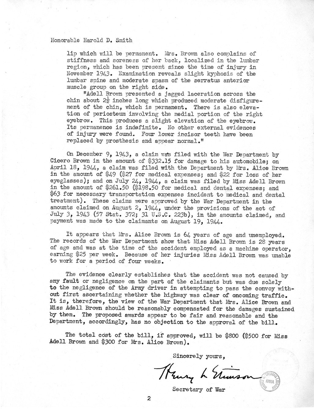 Memorandum from Frederick J. Bailey to M. C. Latta, H.R. 244, For the Relief of Adell Brown and Alice Brown, with Attachments
