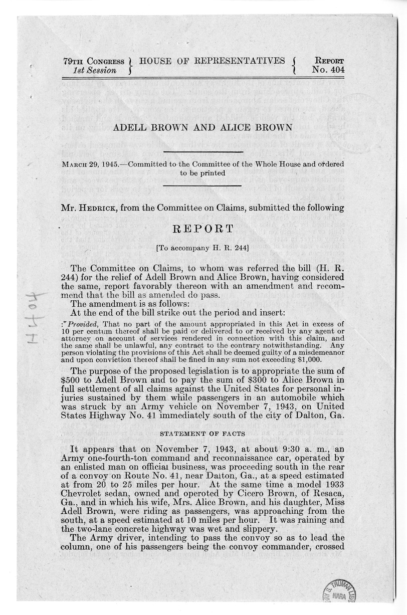 Memorandum from Frederick J. Bailey to M. C. Latta, H.R. 244, For the Relief of Adell Brown and Alice Brown, with Attachments