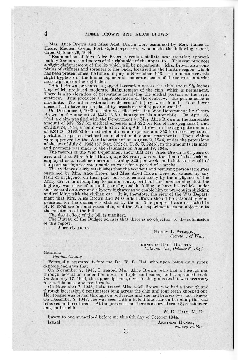 Memorandum from Frederick J. Bailey to M. C. Latta, H.R. 244, For the Relief of Adell Brown and Alice Brown, with Attachments