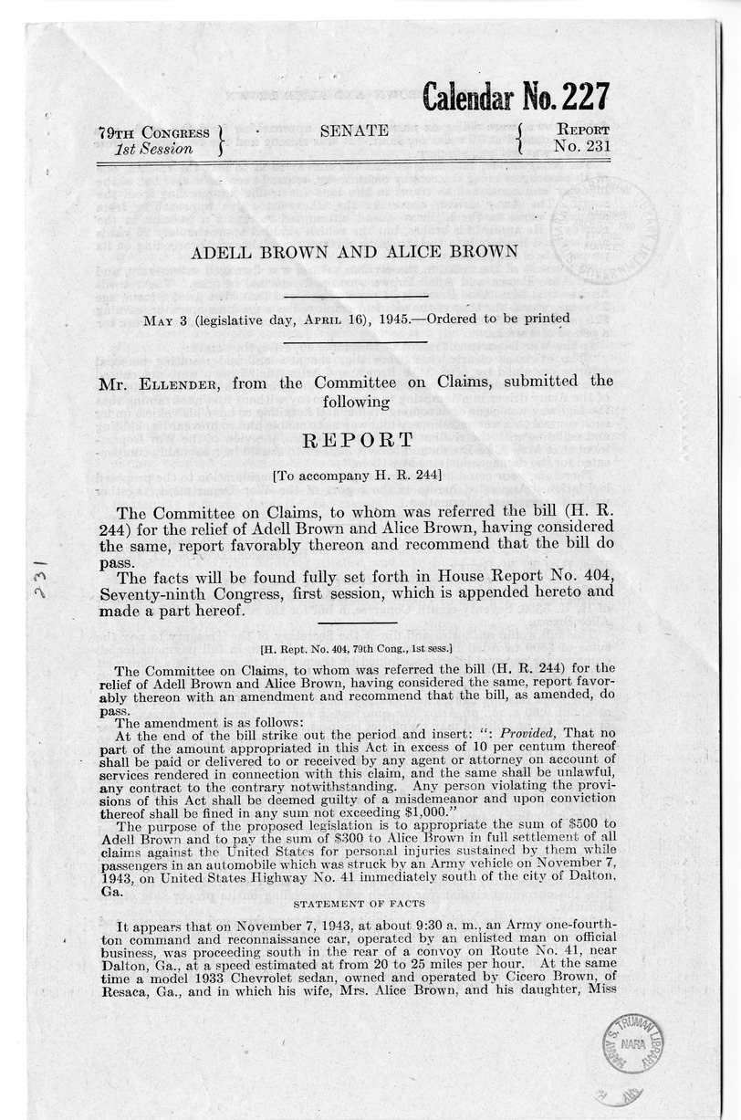 Memorandum from Frederick J. Bailey to M. C. Latta, H.R. 244, For the Relief of Adell Brown and Alice Brown, with Attachments