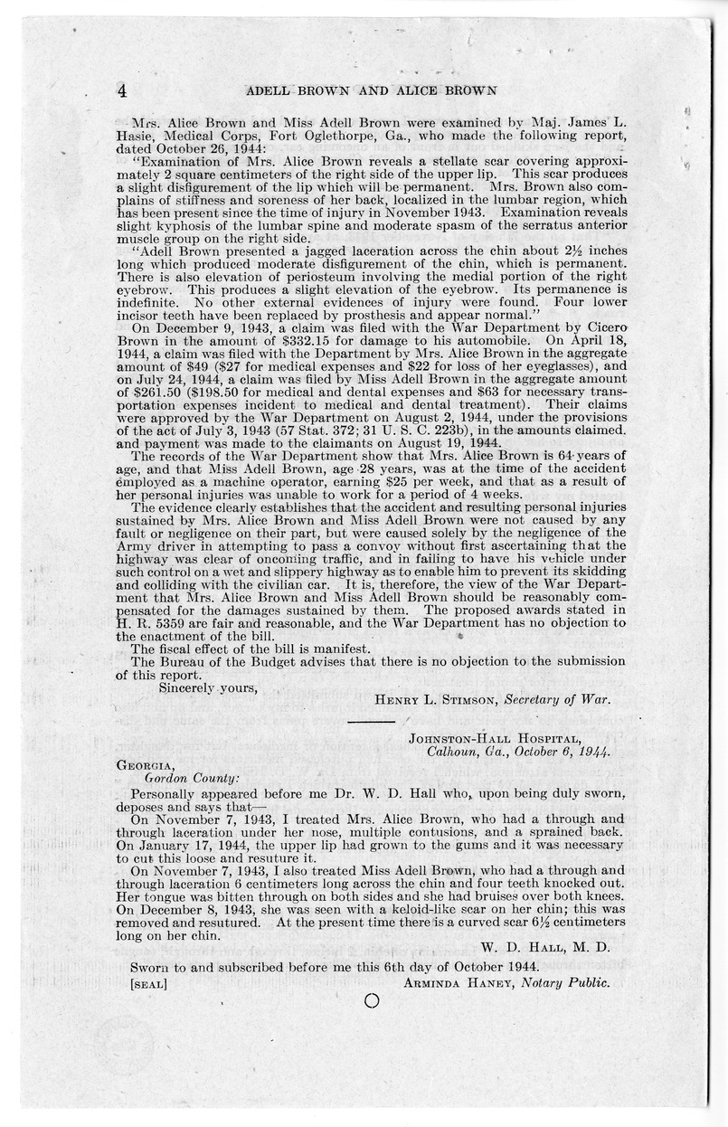 Memorandum from Frederick J. Bailey to M. C. Latta, H.R. 244, For the Relief of Adell Brown and Alice Brown, with Attachments