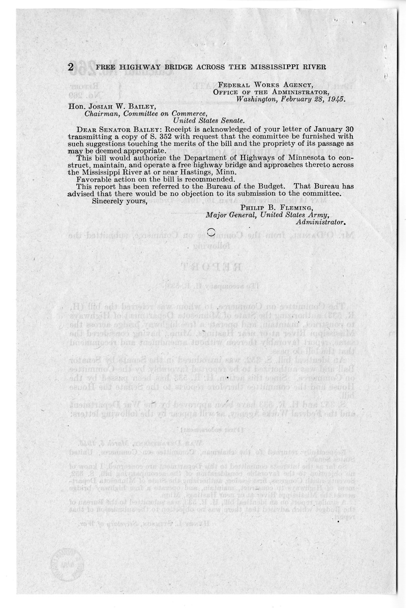 Memorandum from Frederick J. Bailey to M. C. Latta, H. R. 533, Authorizing the State of Minnesota Department of Highway to Construct, Maintain, and Operate a Free Highway Bridge Over the Mississippi River Near Hastings, Minnesota, with Attachments