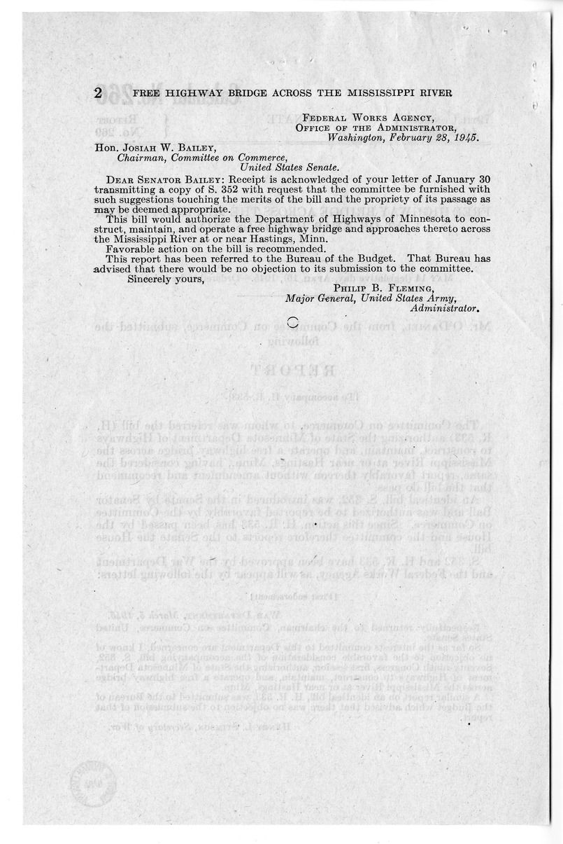 Memorandum from Frederick J. Bailey to M. C. Latta, H. R. 533, Authorizing the State of Minnesota Department of Highway to Construct, Maintain, and Operate a Free Highway Bridge Over the Mississippi River Near Hastings, Minnesota, with Attachments