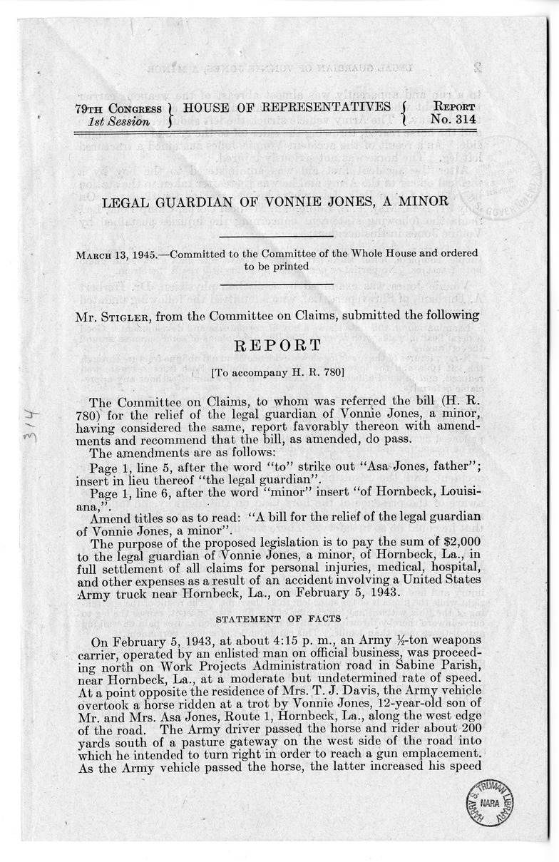 Memorandum from Frederick J. Bailey to M. C. Latta, H. R. 780, for the Relief of the Legal Guardian of Vonnie Jones, with Attachments