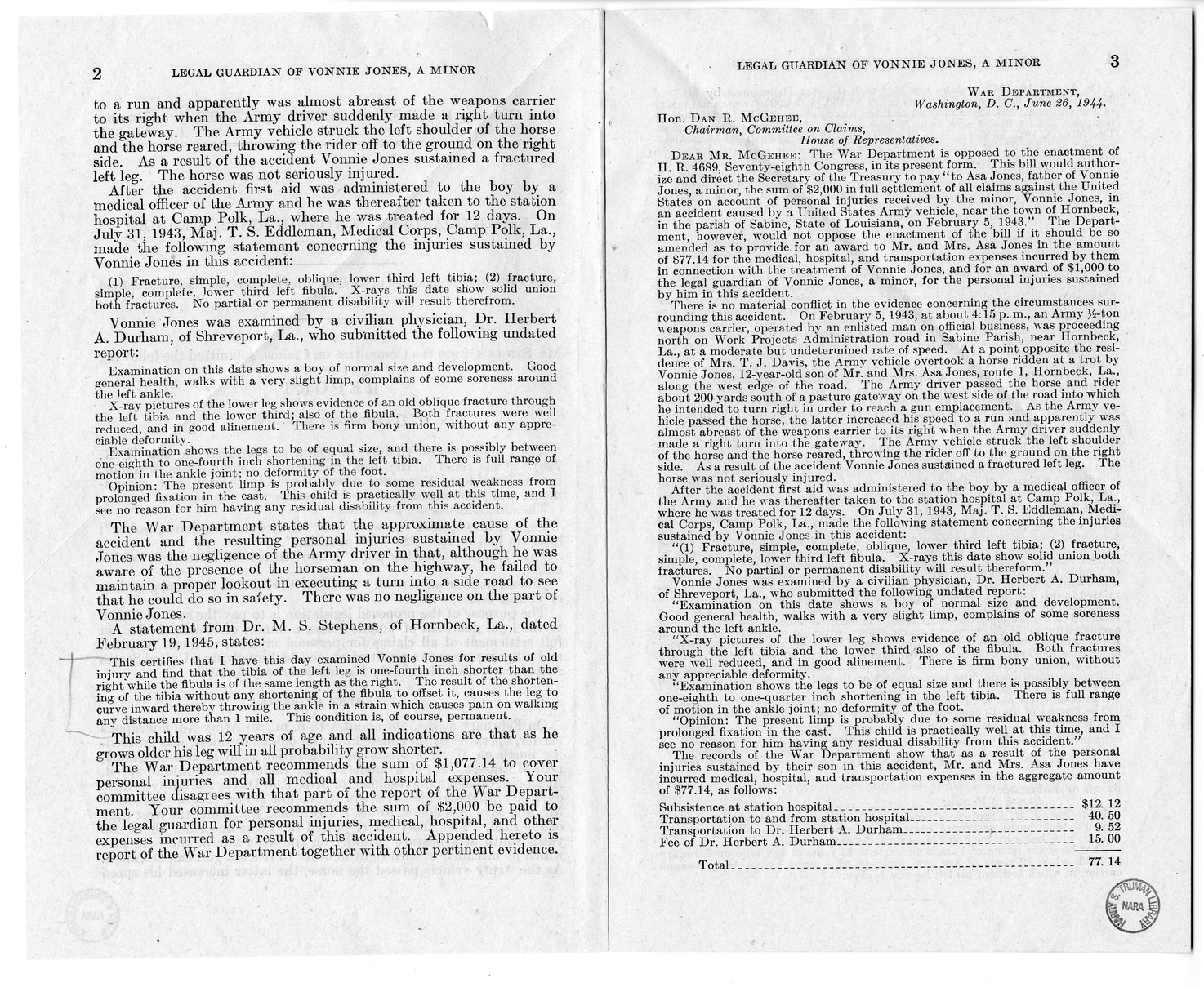 Memorandum from Frederick J. Bailey to M. C. Latta, H. R. 780, for the Relief of the Legal Guardian of Vonnie Jones, with Attachments