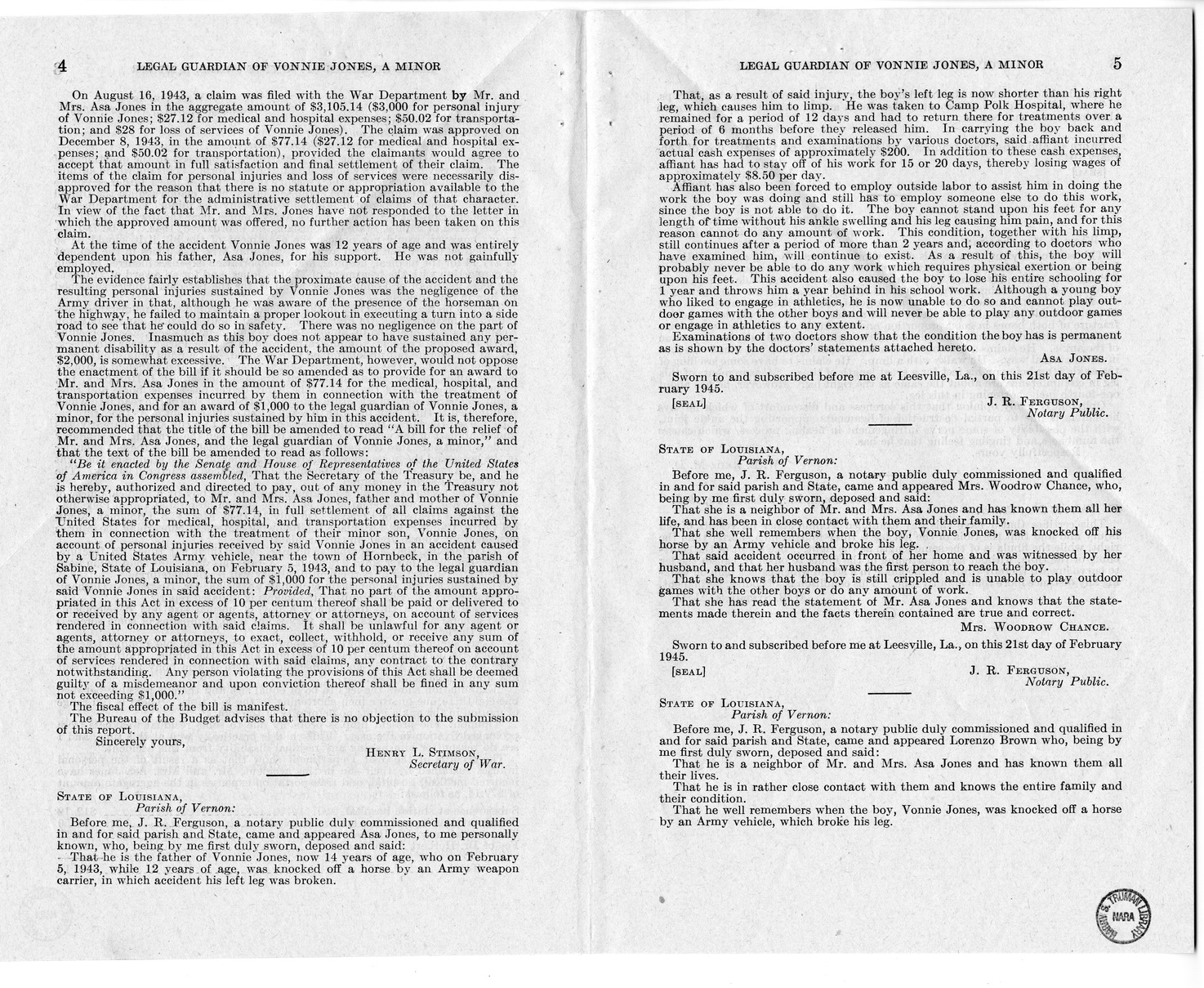 Memorandum from Frederick J. Bailey to M. C. Latta, H. R. 780, for the Relief of the Legal Guardian of Vonnie Jones, with Attachments