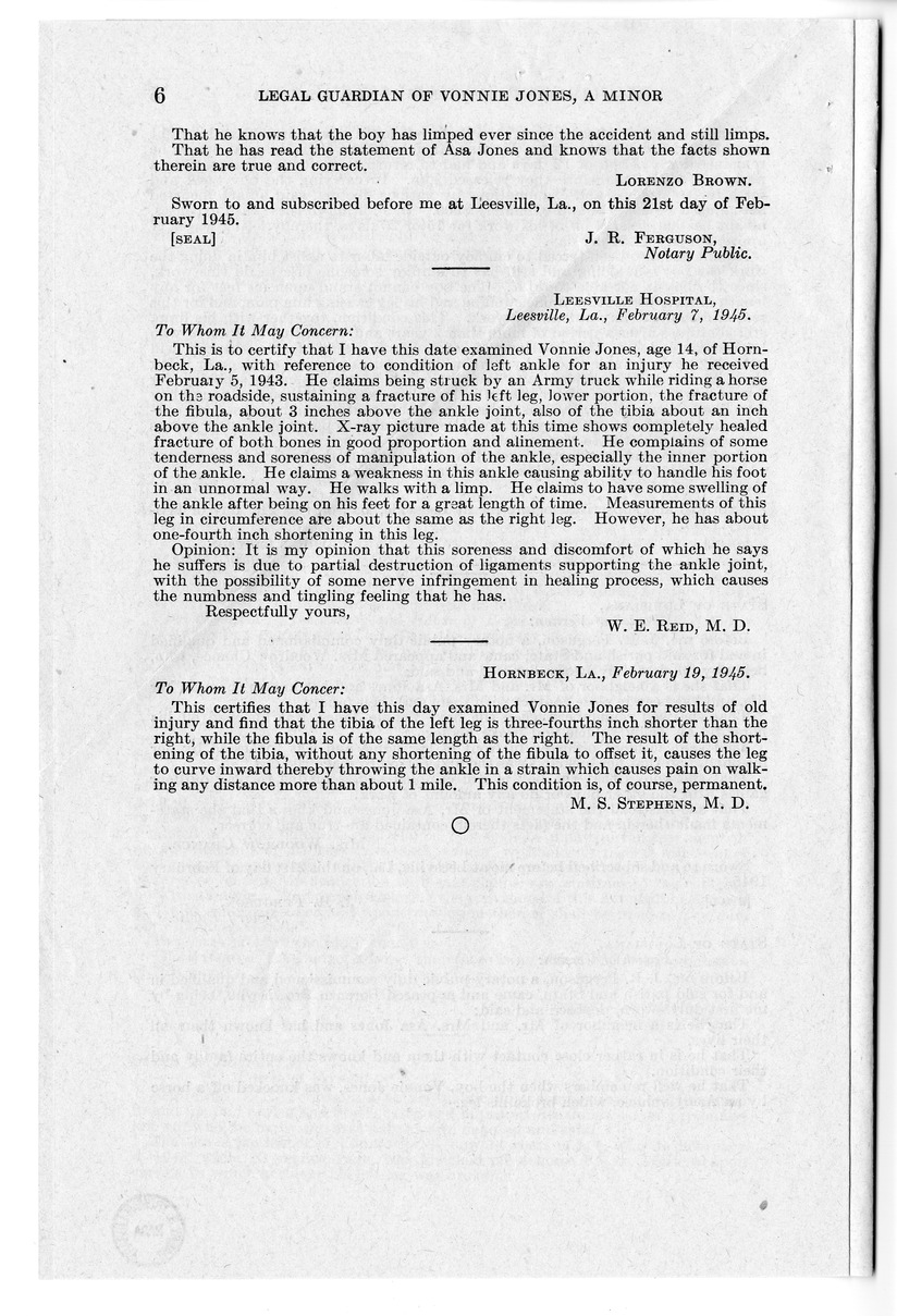 Memorandum from Frederick J. Bailey to M. C. Latta, H. R. 780, for the Relief of the Legal Guardian of Vonnie Jones, with Attachments