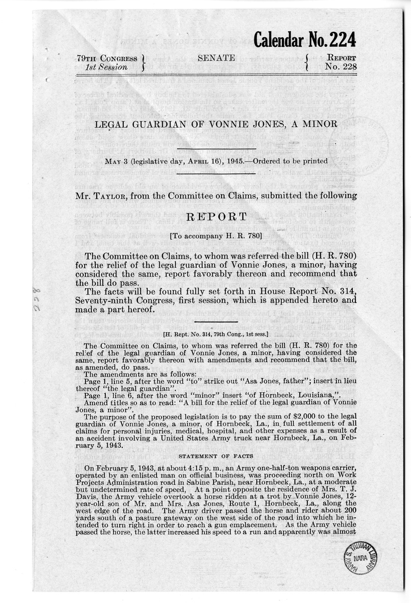 Memorandum from Frederick J. Bailey to M. C. Latta, H. R. 780, for the Relief of the Legal Guardian of Vonnie Jones, with Attachments