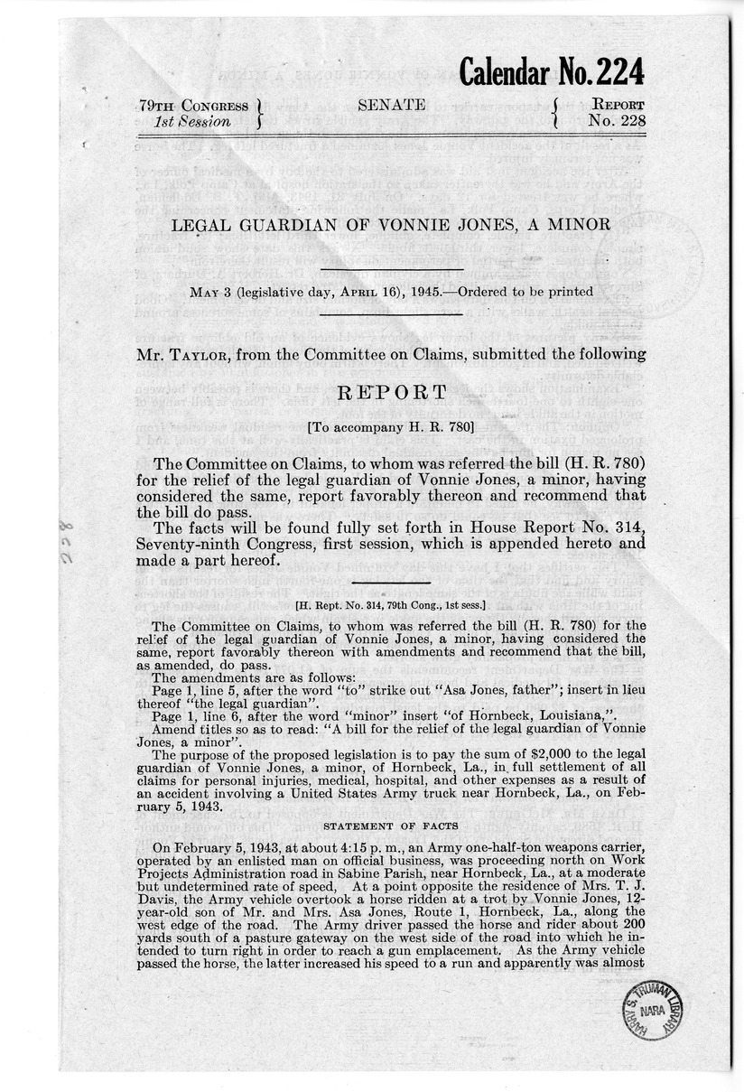 Memorandum from Frederick J. Bailey to M. C. Latta, H. R. 780, for the Relief of the Legal Guardian of Vonnie Jones, with Attachments