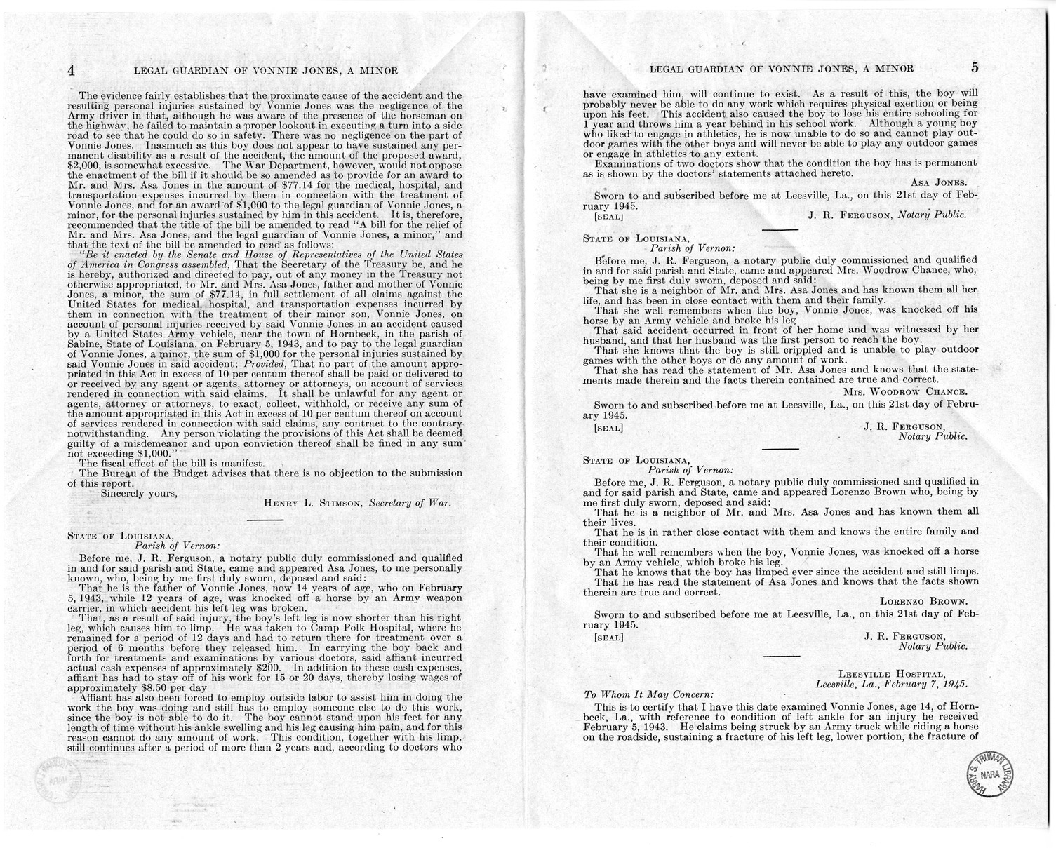 Memorandum from Frederick J. Bailey to M. C. Latta, H. R. 780, for the Relief of the Legal Guardian of Vonnie Jones, with Attachments