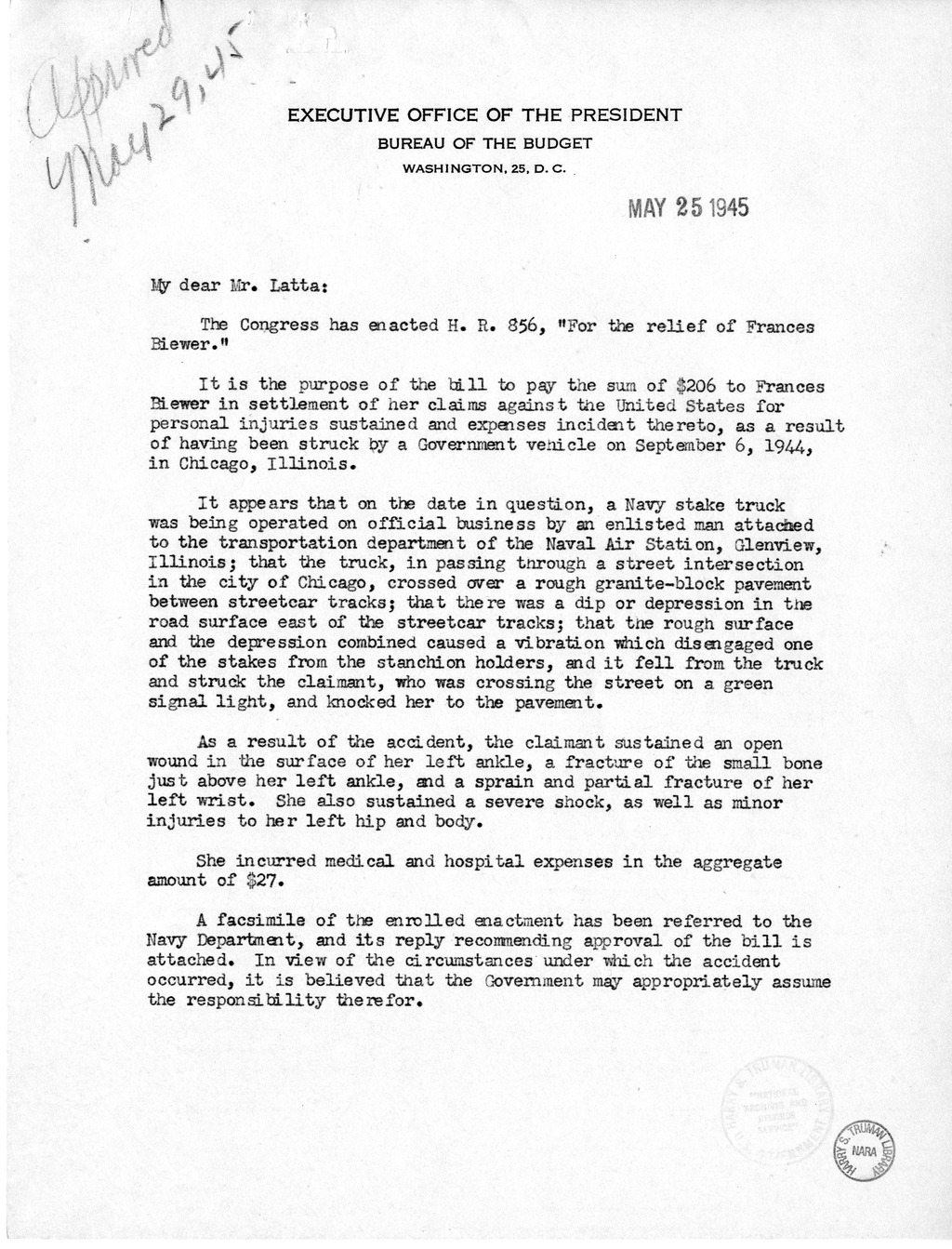 Memorandum from Frederick J. Bailey to M. C. Latta, H.R. 856, For the Relief of Frances Biewer, with Attachments