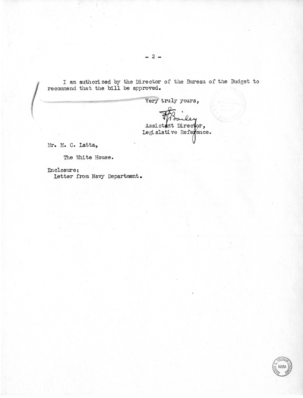 Memorandum from Frederick J. Bailey to M. C. Latta, H.R. 856, For the Relief of Frances Biewer, with Attachments