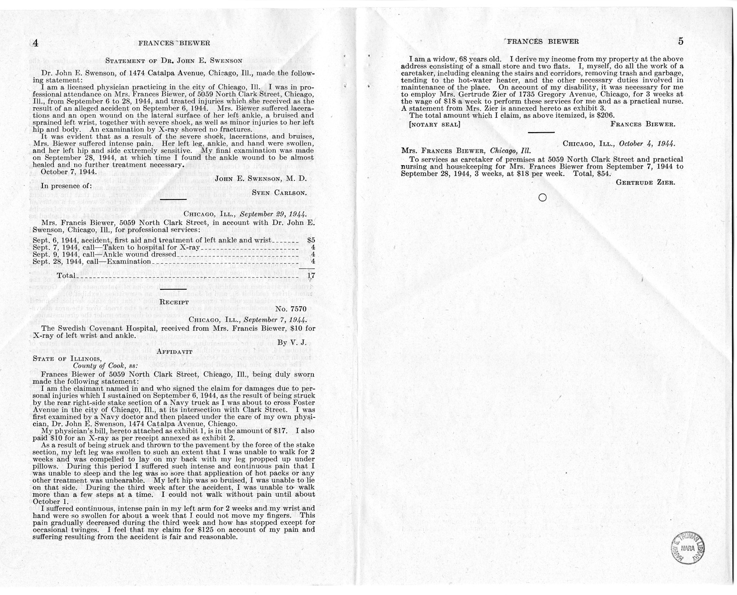 Memorandum from Frederick J. Bailey to M. C. Latta, H.R. 856, For the Relief of Frances Biewer, with Attachments
