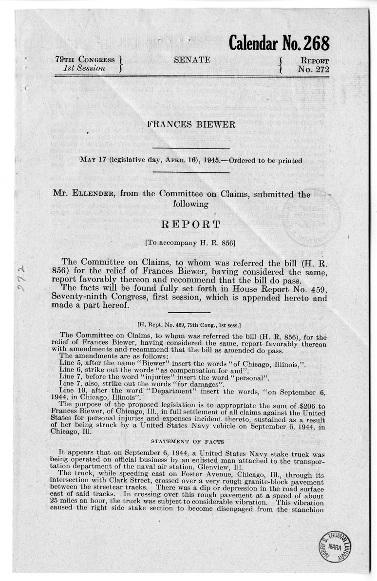 Memorandum from Frederick J. Bailey to M. C. Latta, H.R. 856, For the Relief of Frances Biewer, with Attachments