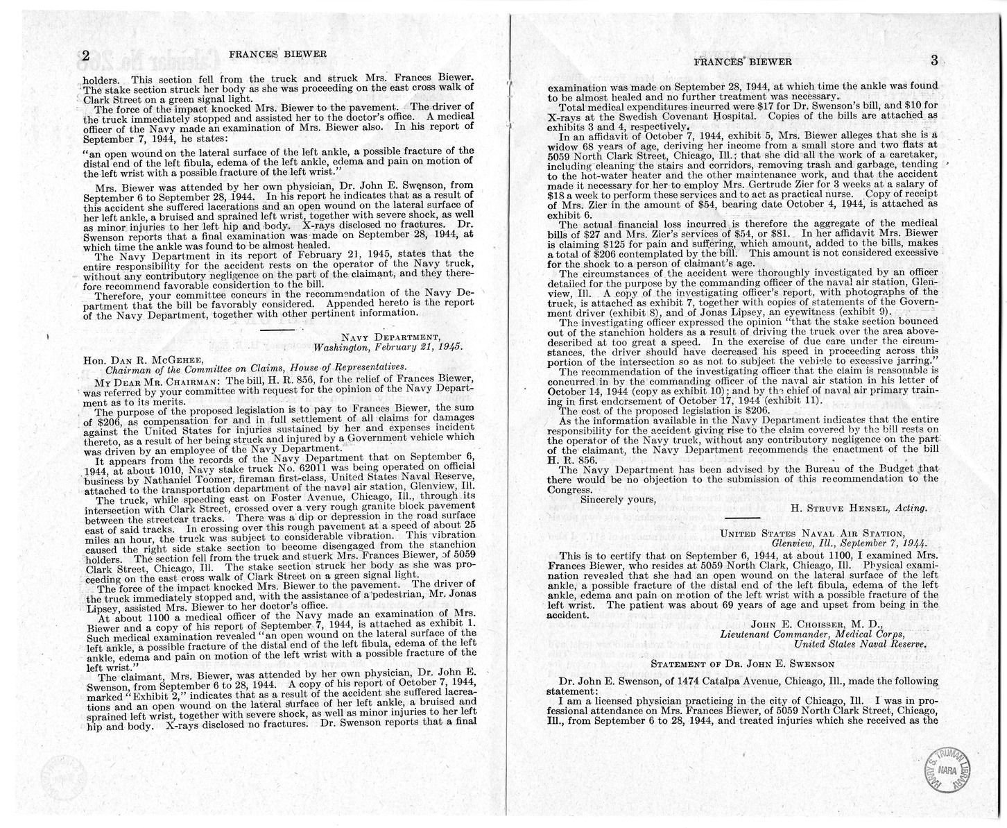 Memorandum from Frederick J. Bailey to M. C. Latta, H.R. 856, For the Relief of Frances Biewer, with Attachments