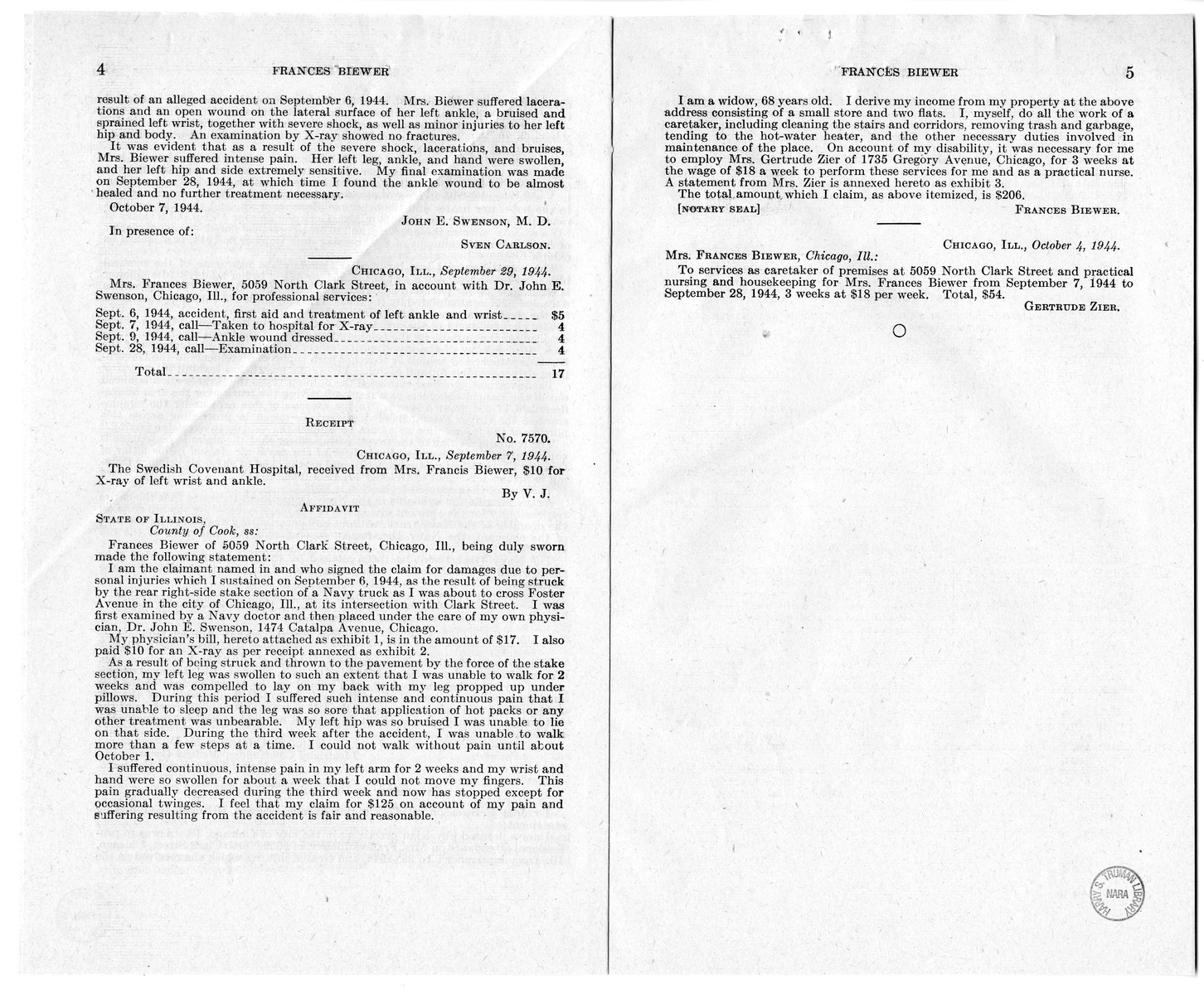 Memorandum from Frederick J. Bailey to M. C. Latta, H.R. 856, For the Relief of Frances Biewer, with Attachments