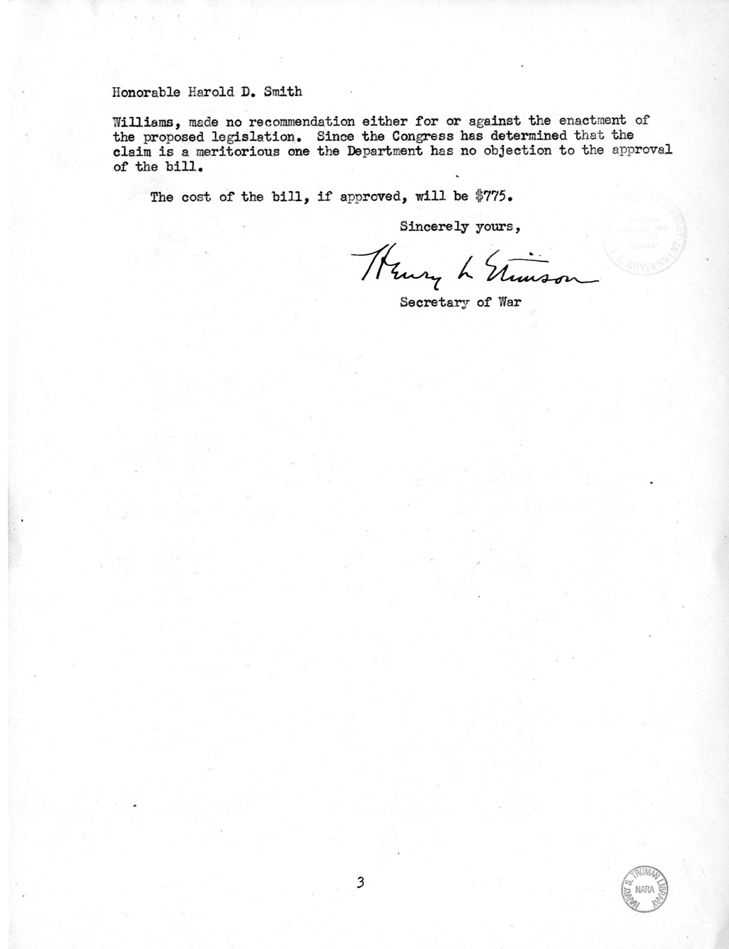 Memorandum from Frederick J. Bailey to M. C. Latta, H.R. 879, For the Relief of Ed Williams, with Attachments